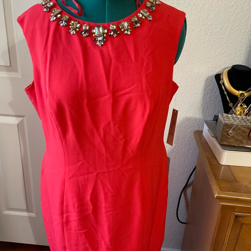 NWT ELIZA J RED SHEATH DRESS WITH JEWELED PRISTINE CONDITION. - Picture 1 of 5
